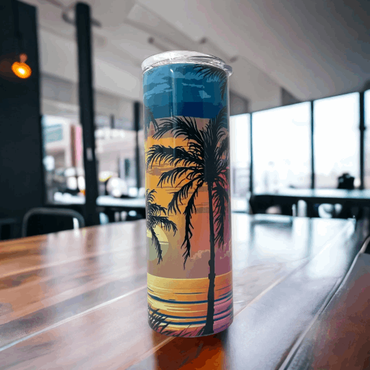Macies Handmade Treasures 20oz tumbler with colorful sunset design and palm trees