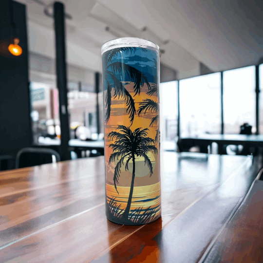 20oz tumbler with palm trees design featuring a colorful sunset gradient from blue to orange