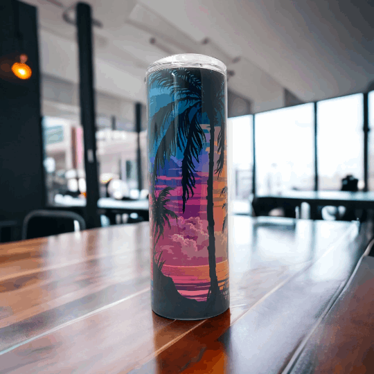 20oz stainless tumbler with colorful palm trees design at sunset by Macies Handmade Treasure's