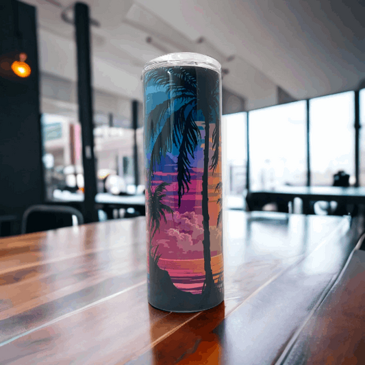20oz stainless tumbler with colorful palm trees design at sunset by Macies Handmade Treasure's