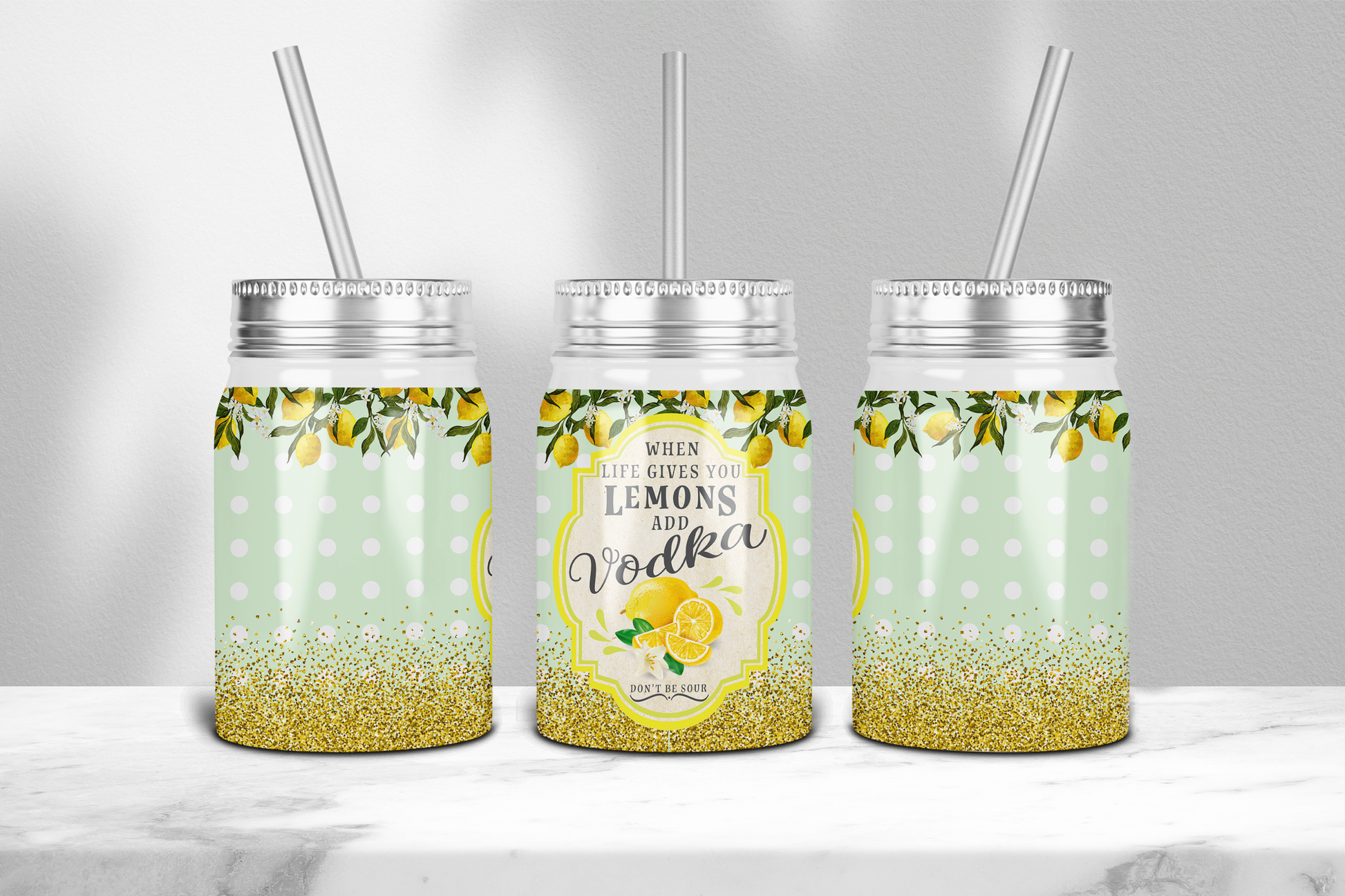 Macies Handmade Treasures 17 oz Moonshine Tumbler with lemons and vodka design and reusable straw