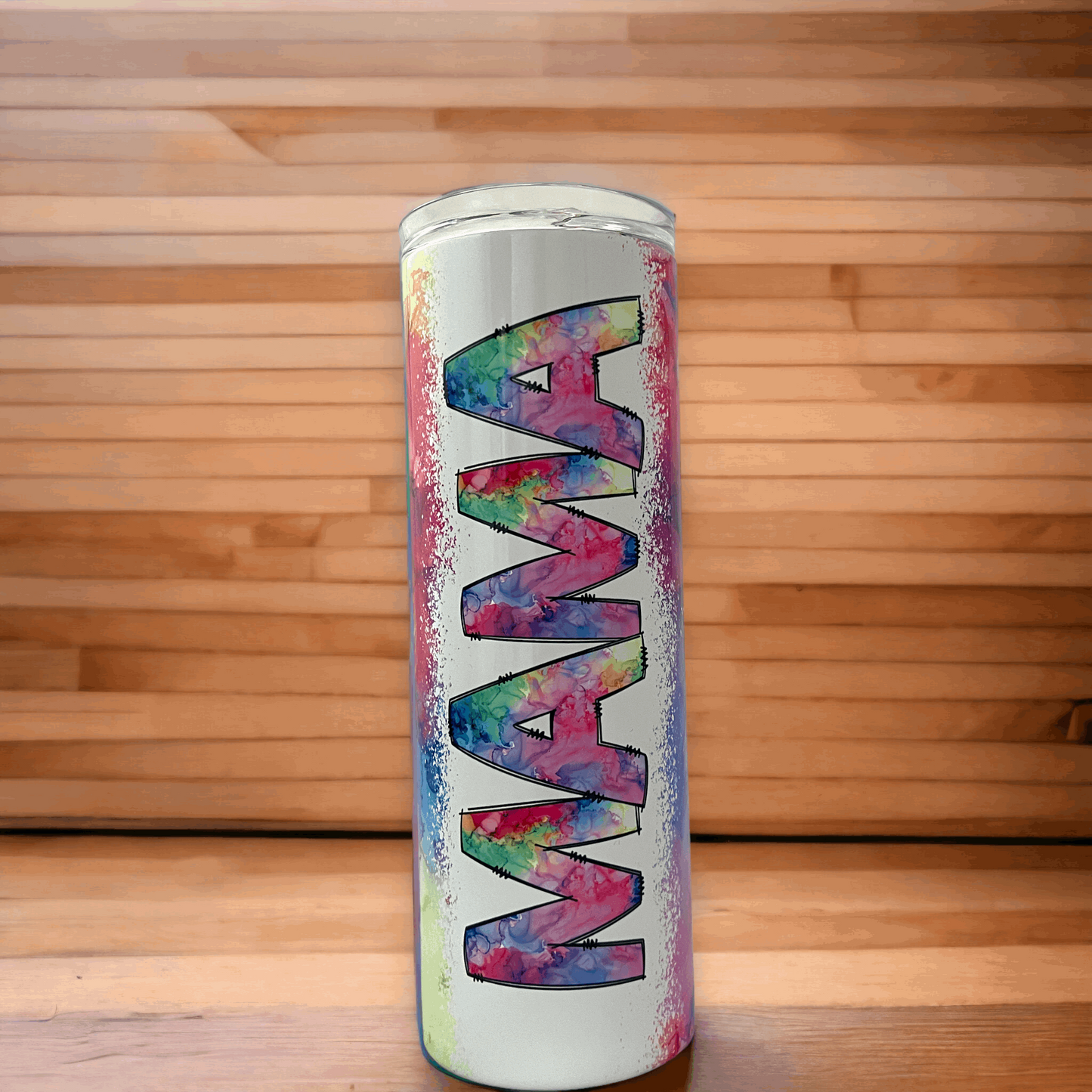 20oz stainless Yeti 20oz rambler tumbler with colorful tie-dye MAMA lettering personalization