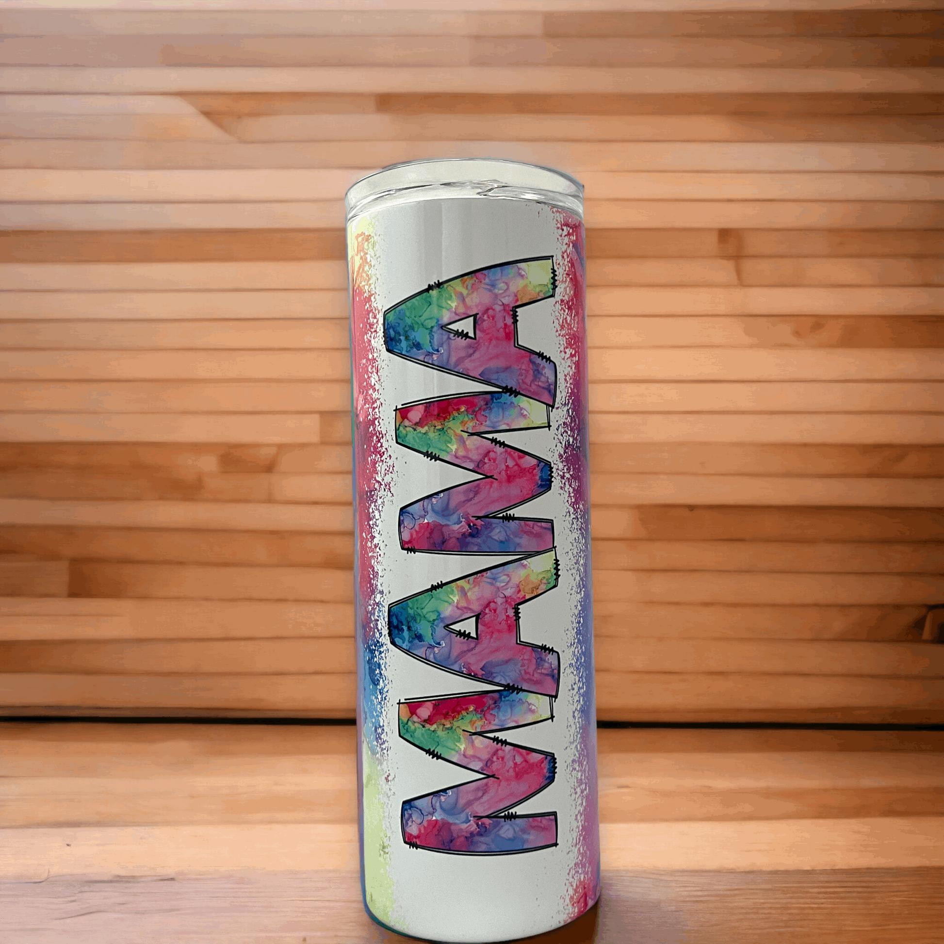 20oz stainless Yeti 20oz rambler tumbler with colorful tie-dye MAMA lettering personalization