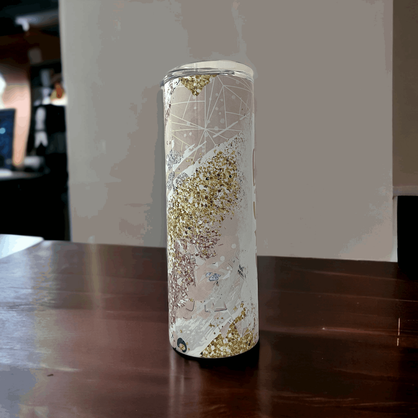 20oz yeti tumbler wine in white and gold glitter abstract design by Macies Handmade Treasure's