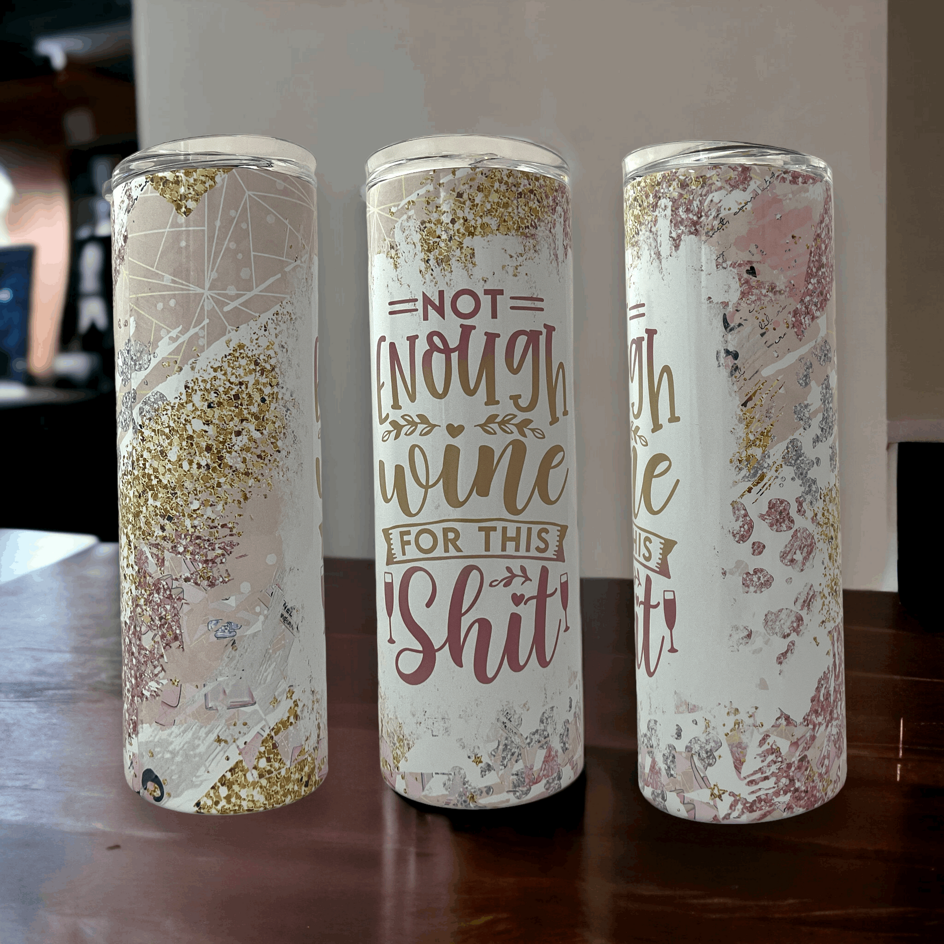 20oz white and gold Macies Handmade Treasure's yeti tumbler wine with whimsical text and glitter design