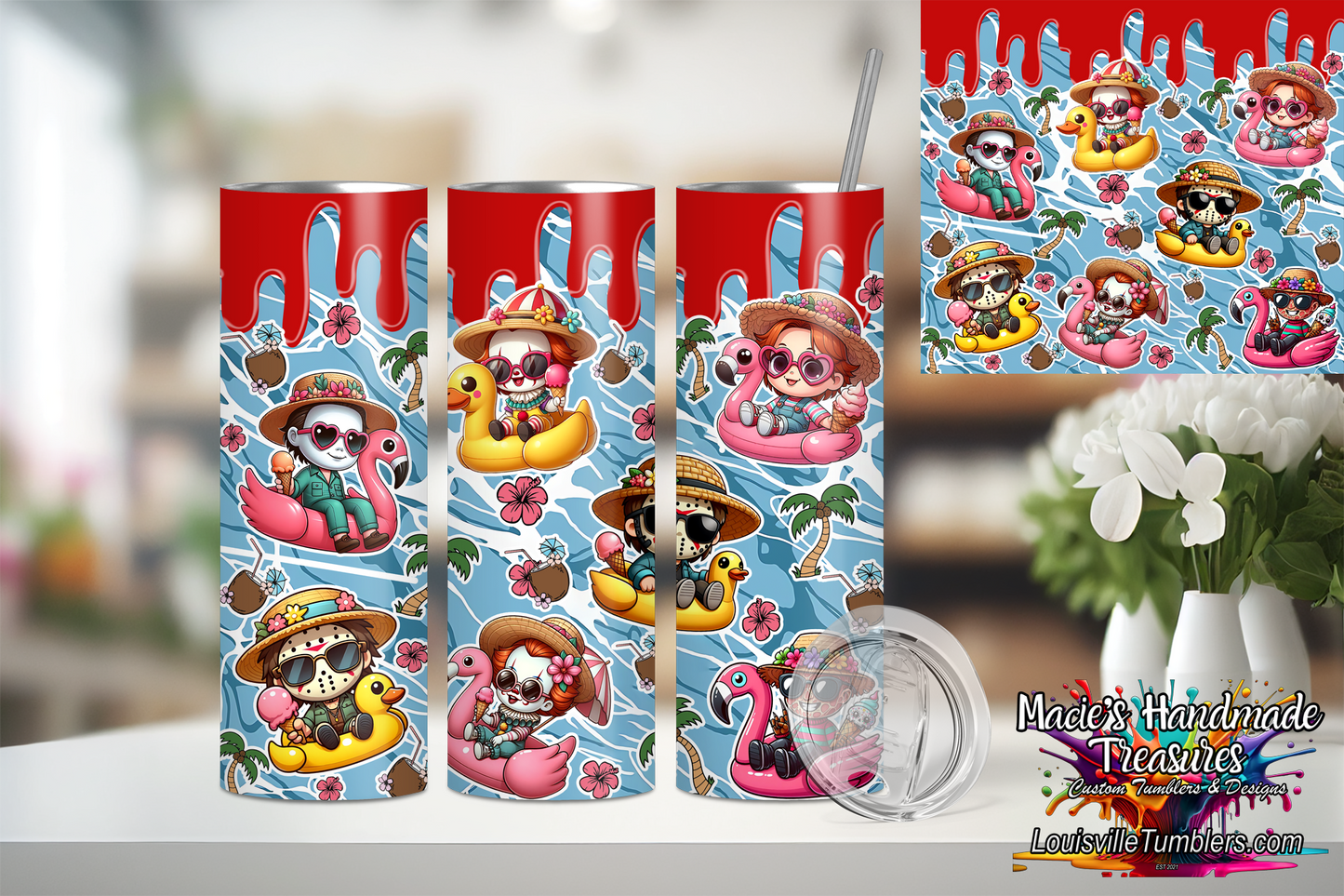 20oz stainless yeti tumbler yeti with colorful summer sloth design and red drip top by Macies Handmade Treasure's