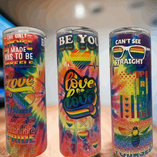 20oz stainless Yeti tumbler yeti with colorful LGBTQ pride designs including rainbows hearts and motivational quotes