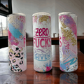 20 oz tumbler with pink, blue and gold leopard print and Zero Fucks Given text